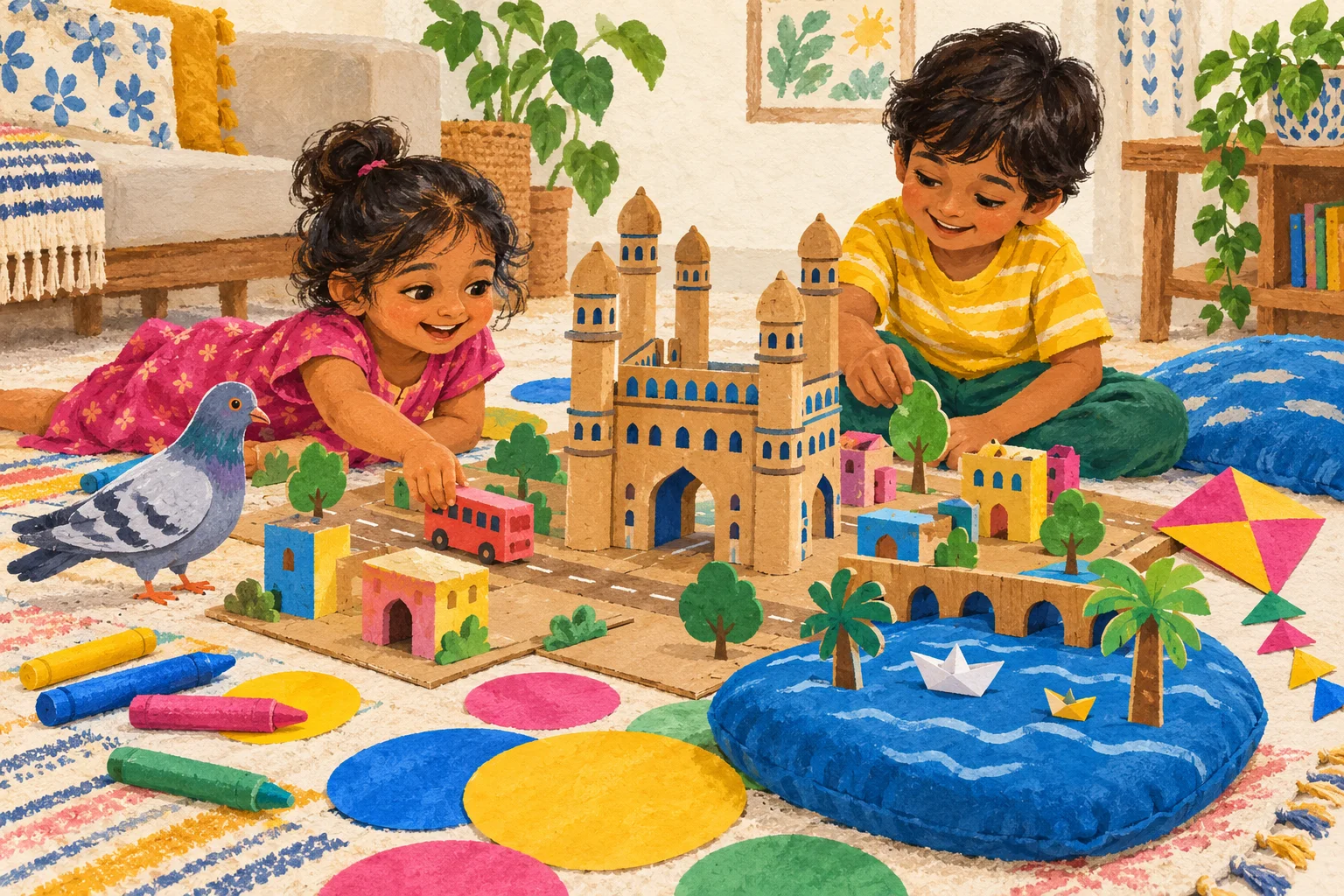 Two children and a friendly pigeon imagining a colourful Hyderabad city with paper and crayons at home.